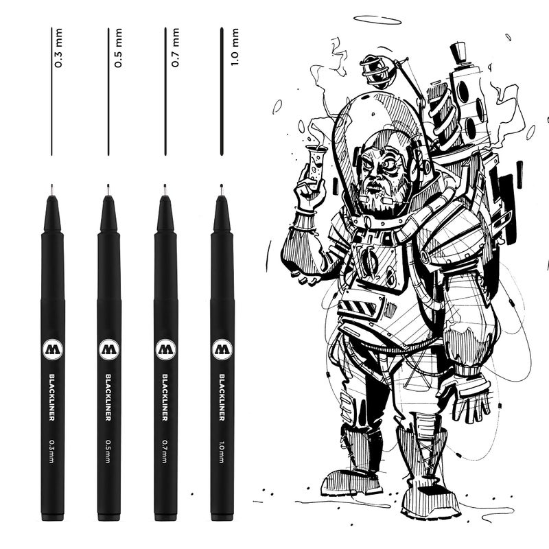 MOLOTOW Blackliner 4-Pen Set 2 - .3mm, 5mm, 7mm, 1mm Tips, 1 Set Each (200.487) - Image 1